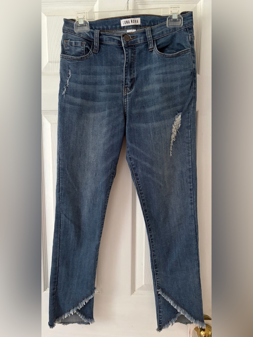 Dark Blue Skinny Jeans with Frayed Hem